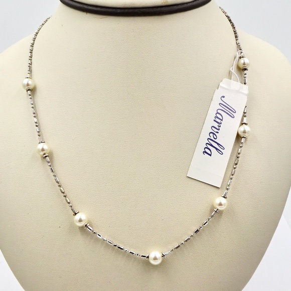 Marvella Jewelry - MARVELLA Silver Faux Pearl Station Necklace 18 1/2" Long NWT